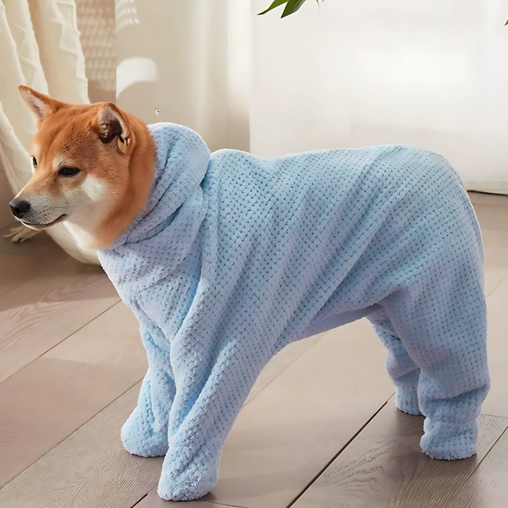 Ultra-soft microfiber hooded dog drying towel for quick pet grooming after bath. Absorbs water fast, ensures dog comfort.
