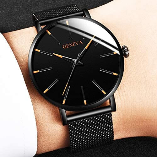 Men's ultra-thin business watch, showcasing its slim profile and elegant design on a wrist.