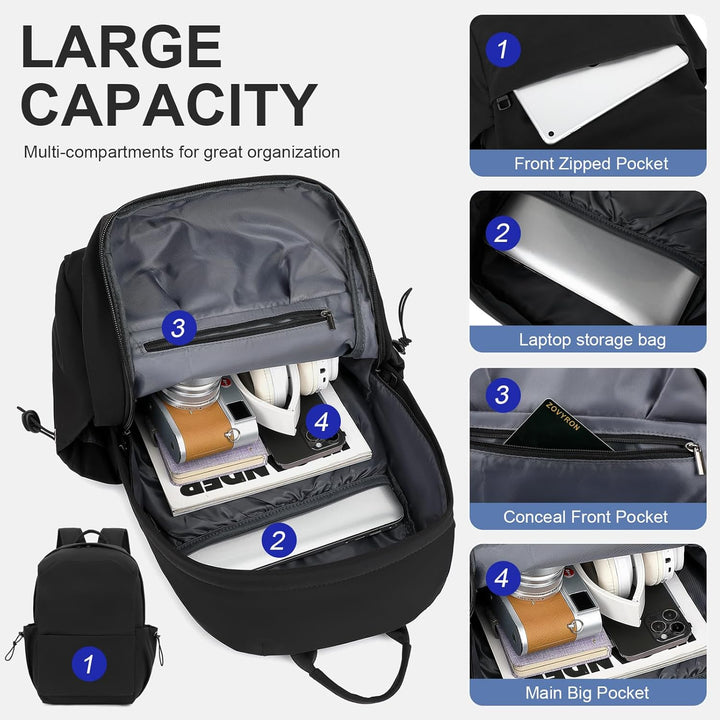Interior view: multi-pocket 15.6" laptop compartment in water-resistant travel backpack.