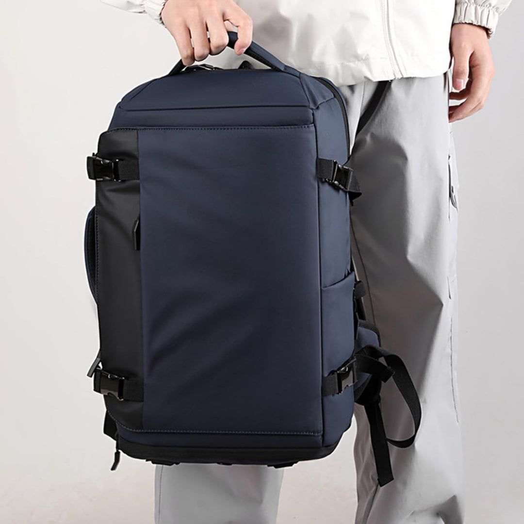 Unisex 15" waterproof laptop backpack. Side-open design, USB-C port, organized storage for tech & travel.