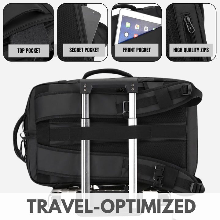 Secure unisex 15" laptop backpack. Waterproof, anti-theft, USB-C port, side-open for easy access to gear.