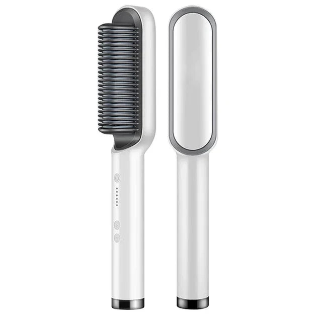 "Unisex 2-in-1 Hair Straightening & Curling Brush with ergonomic handle and ceramic bristles, versatile styling tool."