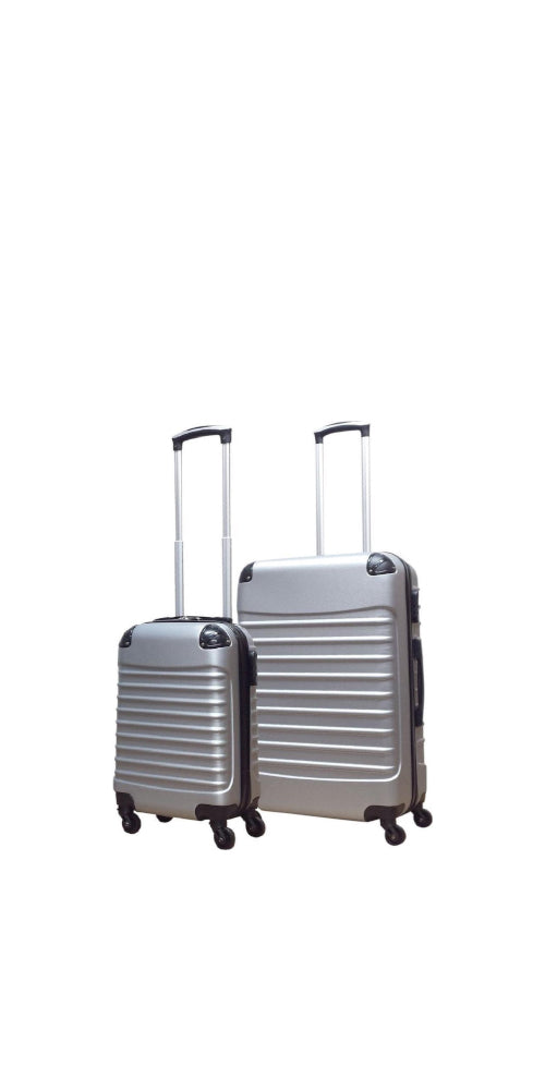 Unisex 2-piece hard-shell luggage set in sleek Milano silver. Durable spinner suitcases for easy travel.