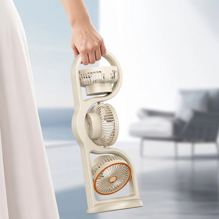 Rechargeable 3-head portable USB fan, ideal for travel, camping, or outdoor cooling. Personal comfort on the go.