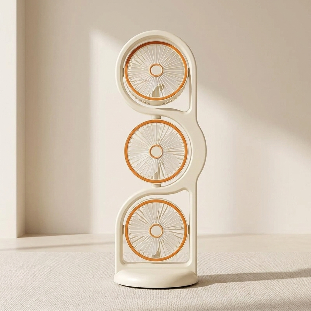 Stylish 3-head USB desk fan with 5 speeds, rechargeable for quiet personal cooling in office or home comfort.