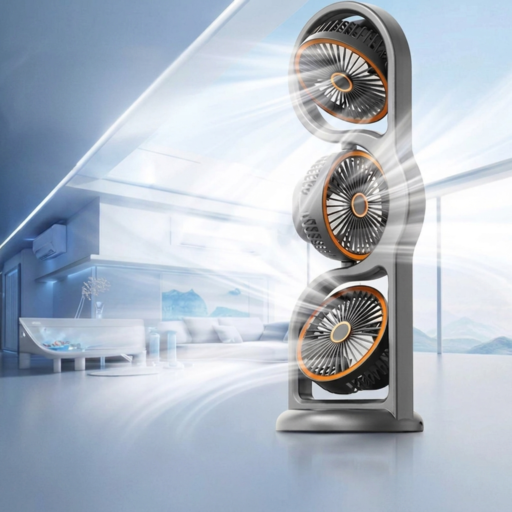 Versatile 3-head portable USB fan, 5-speed rechargeable personal cooler for desk, travel, and outdoor use.
