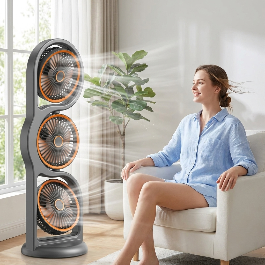 Powerful 3-head portable fan, USB rechargeable with 5 speeds for maximum cooling comfort anywhere. Personal device.