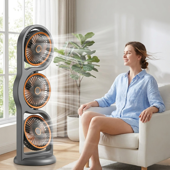 Powerful 3-head portable fan, USB rechargeable with 5 speeds for maximum cooling comfort anywhere. Personal device.