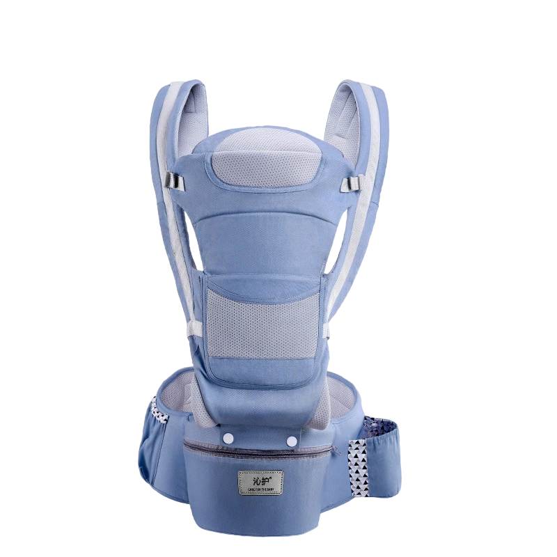 Close-up of adjustable straps on the ergonomic baby carrier, showing comfortable lumbar support and breathable fabric.