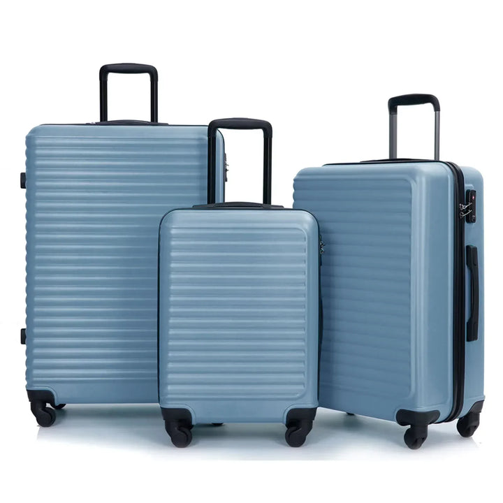 Unisex 3-piece blue ABS hard shell luggage set with spinner wheels & TSA lock for durable travel.