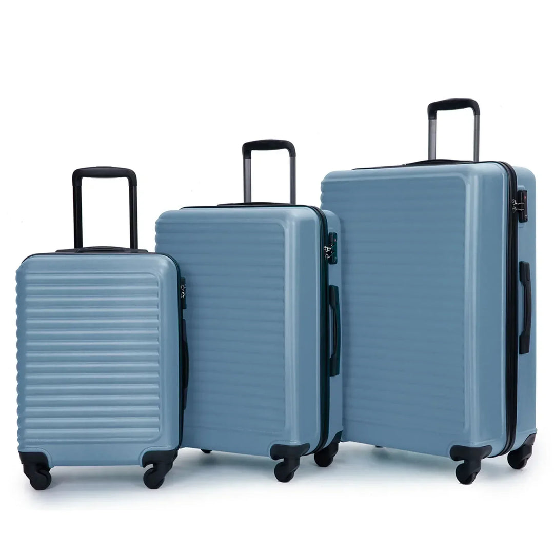 Durable blue ABS hard shell luggage set, 3-piece for unisex travel. Built to last with spinner wheels.