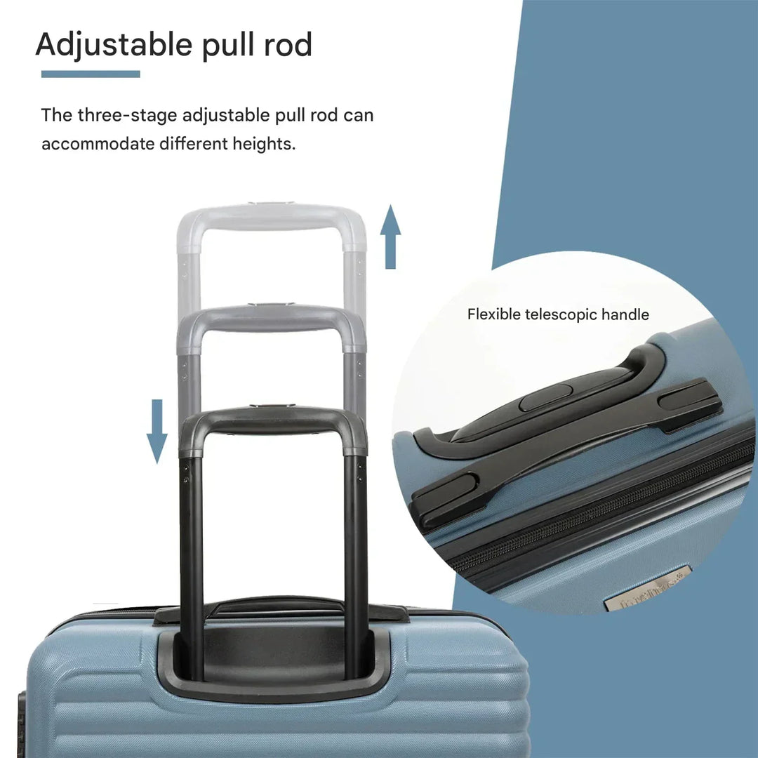Complete 3-piece blue hard shell luggage set, perfect for vacation & checked baggage. Durable ABS travel bags.