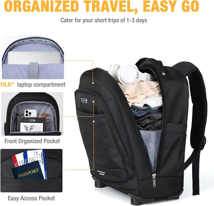 Compact 30L rolling laptop backpack with smooth 4 spinner wheels, ideal carry-on for business travel.