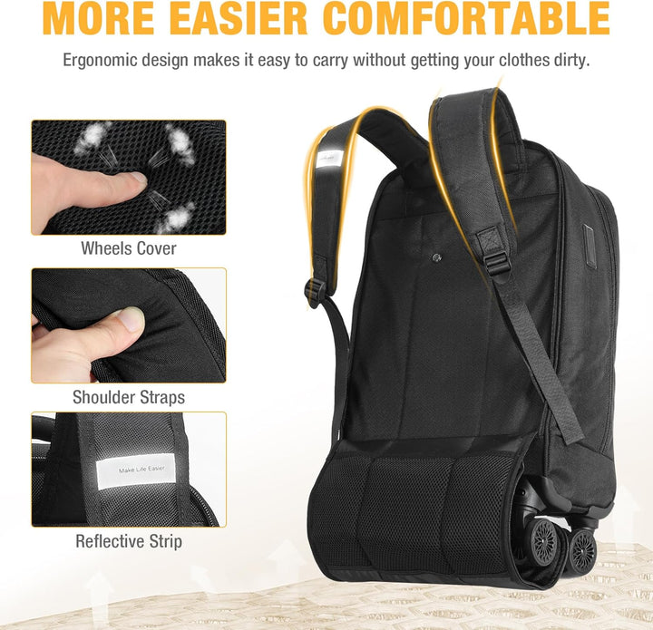 30L rolling laptop backpack, unisex design with 4 spinner wheels & water-resistant fabric for easy carrying.