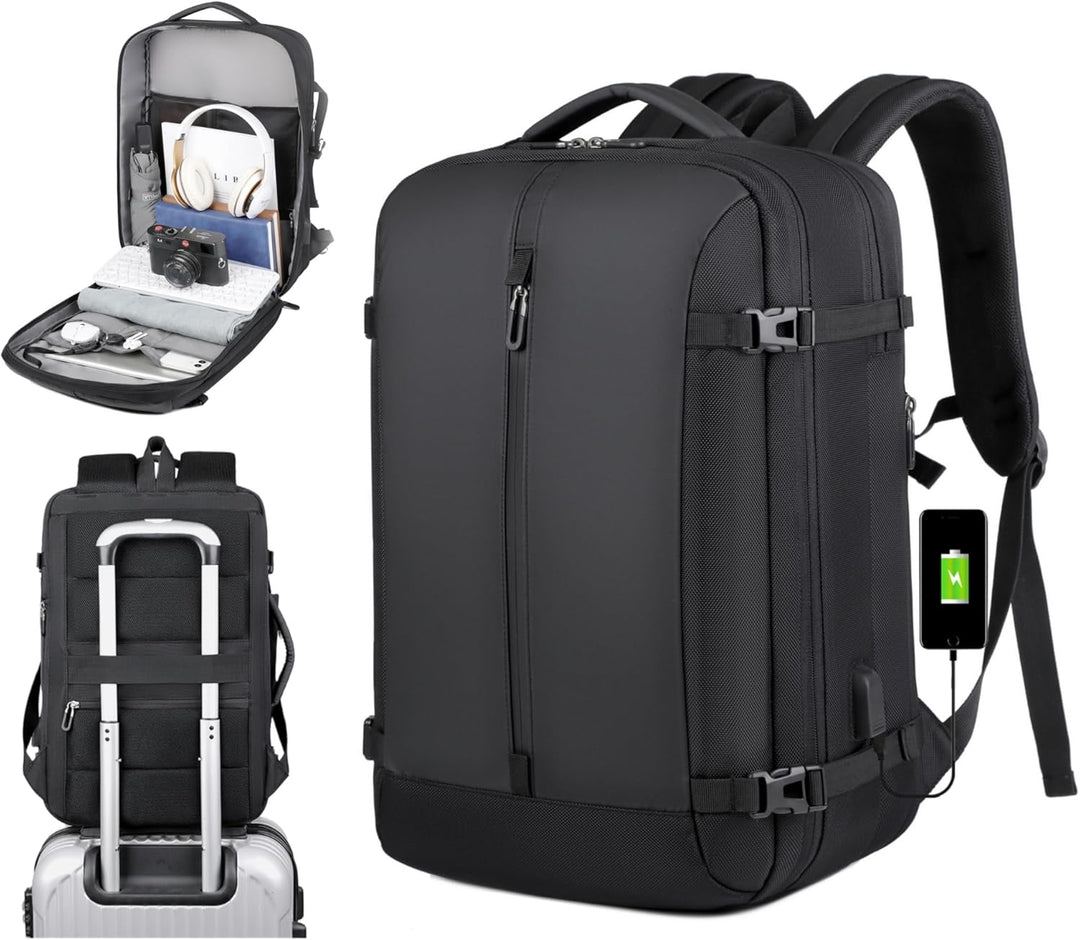 Unisex 40L expandable travel backpack with USB port & 17in laptop sleeve. Perfect carry-on for trips.