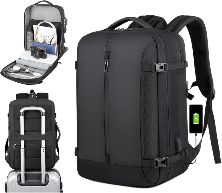 Unisex 40L expandable travel backpack with USB port & 17in laptop sleeve. Perfect carry-on for trips.