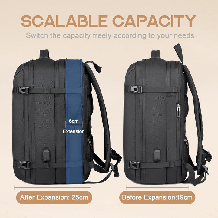 Unisex waterproof travel backpack with integrated USB charging port & padded 17in laptop sleeve.
