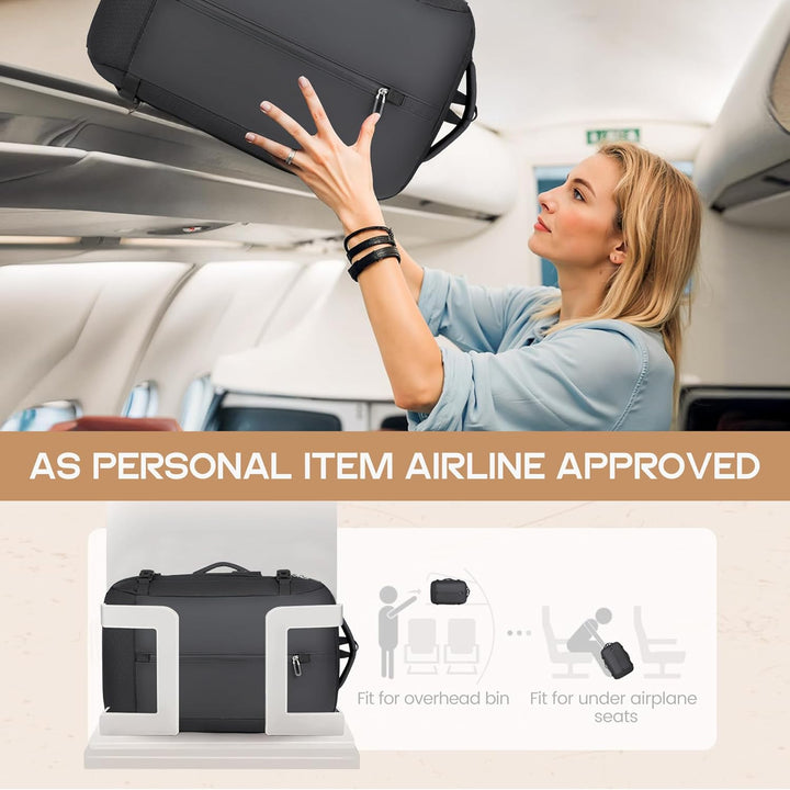 Durable 40L travel backpack for women & men, showcasing organized interior compartments & hidden pockets.