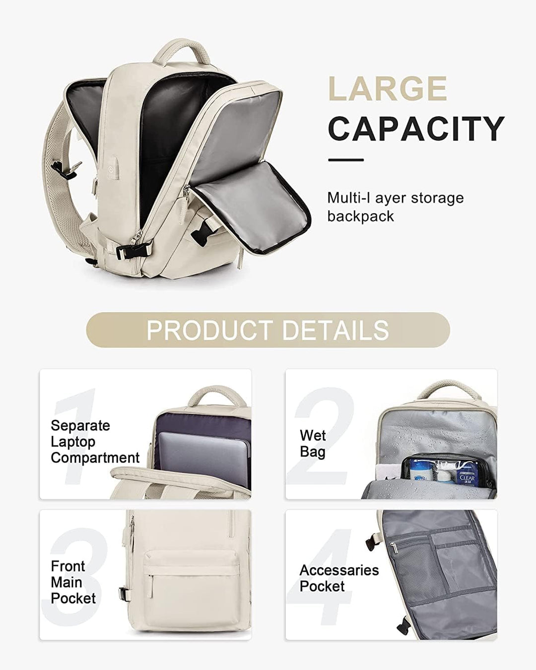 Side view of a durable 40L unisex travel backpack, sleek profile with USB port, shoe compartment & anti-theft design.