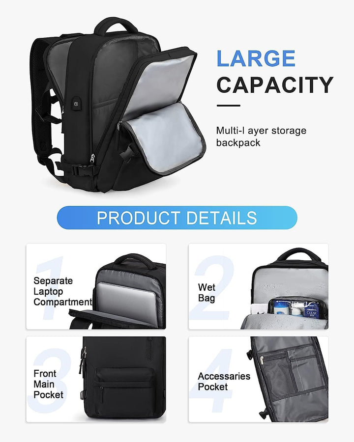 Ergonomic 40L travel backpack with padded shoulder straps & back, includes shoe compartment & USB port.