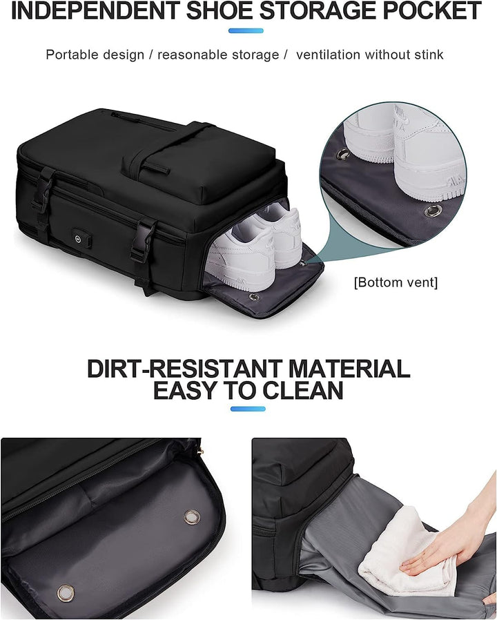 Functional 40L travel backpack, unisex, sleek for airport travel, fits overhead, with USB charging & shoe area.