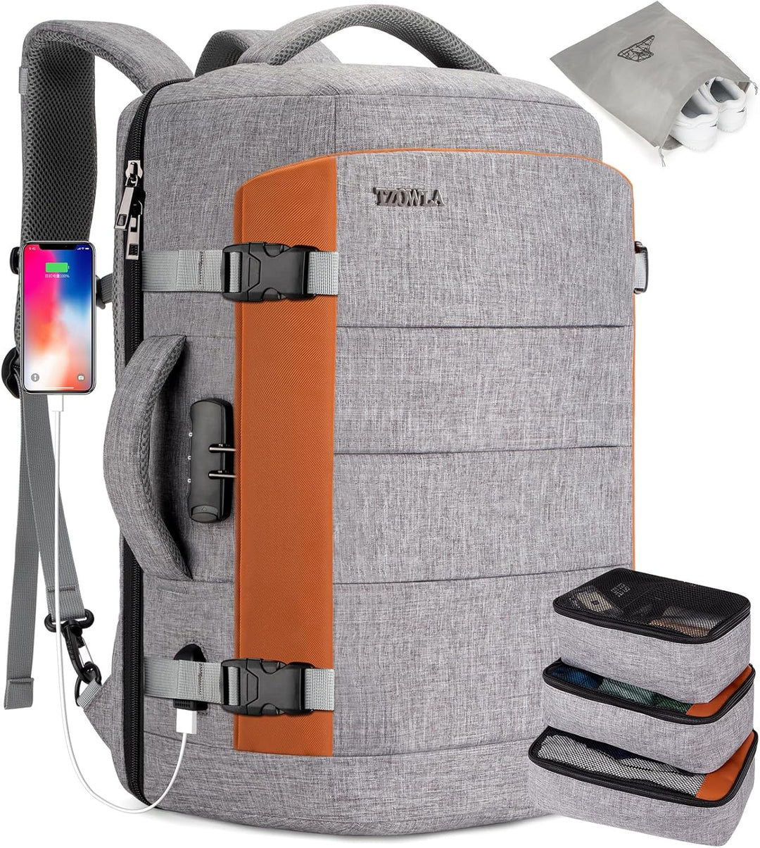 Unisex 40L water-resistant travel laptop backpack with USB port & anti-theft lock.
