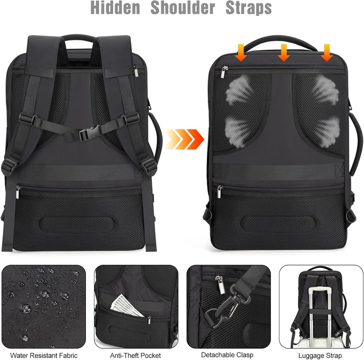 AeroPack 40L carry-on travel backpack for men & women, water-resistant with laptop sleeve & USB charger.