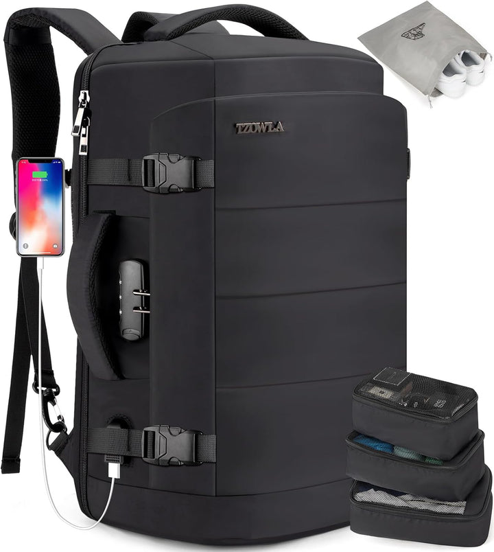 Large 40L unisex travel backpack, water-resistant, with USB charging & laptop storage for business or school.