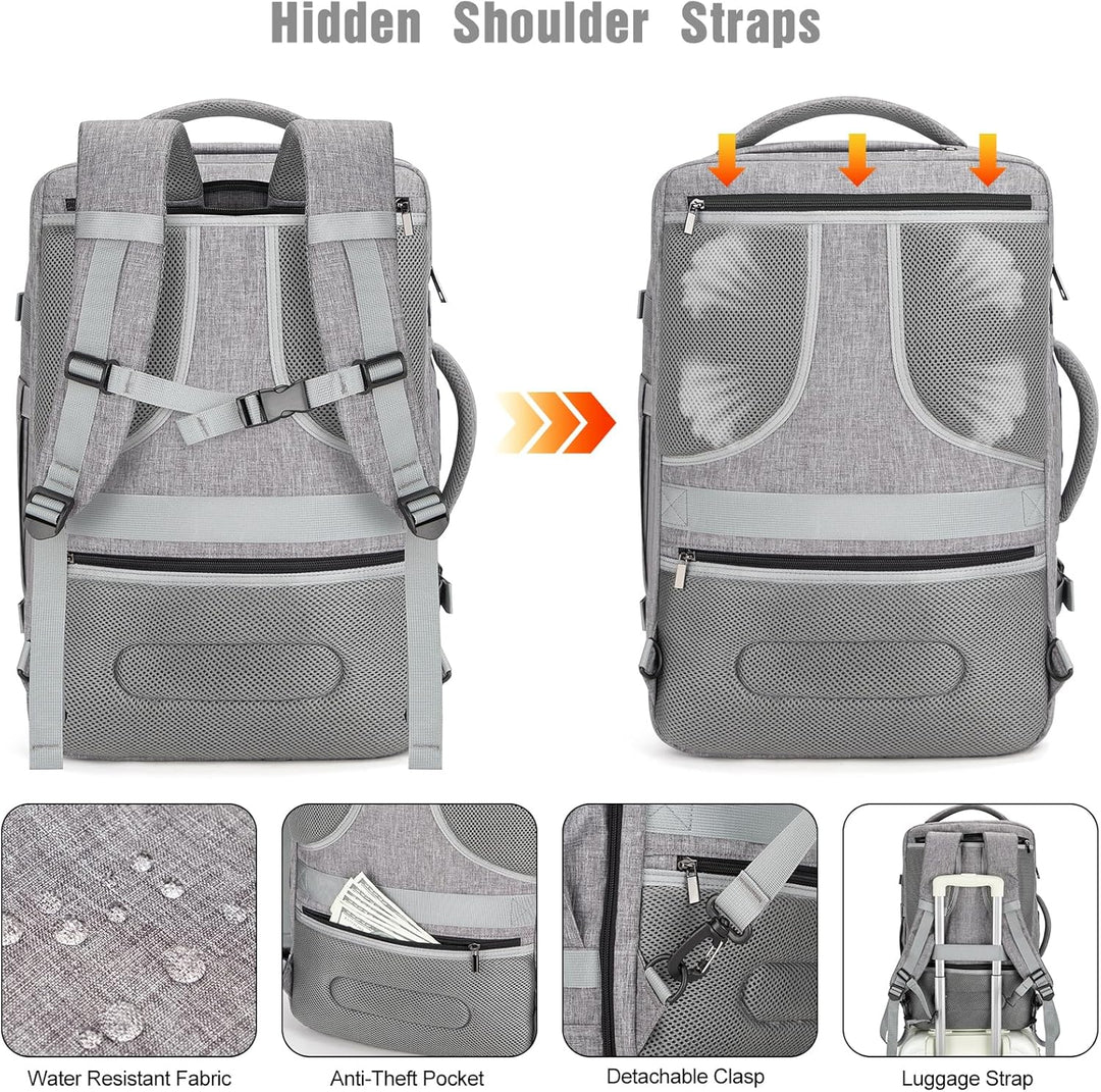 Durable 40L water-resistant backpack for travel, anti-theft lock, USB charging & padded laptop compartment.