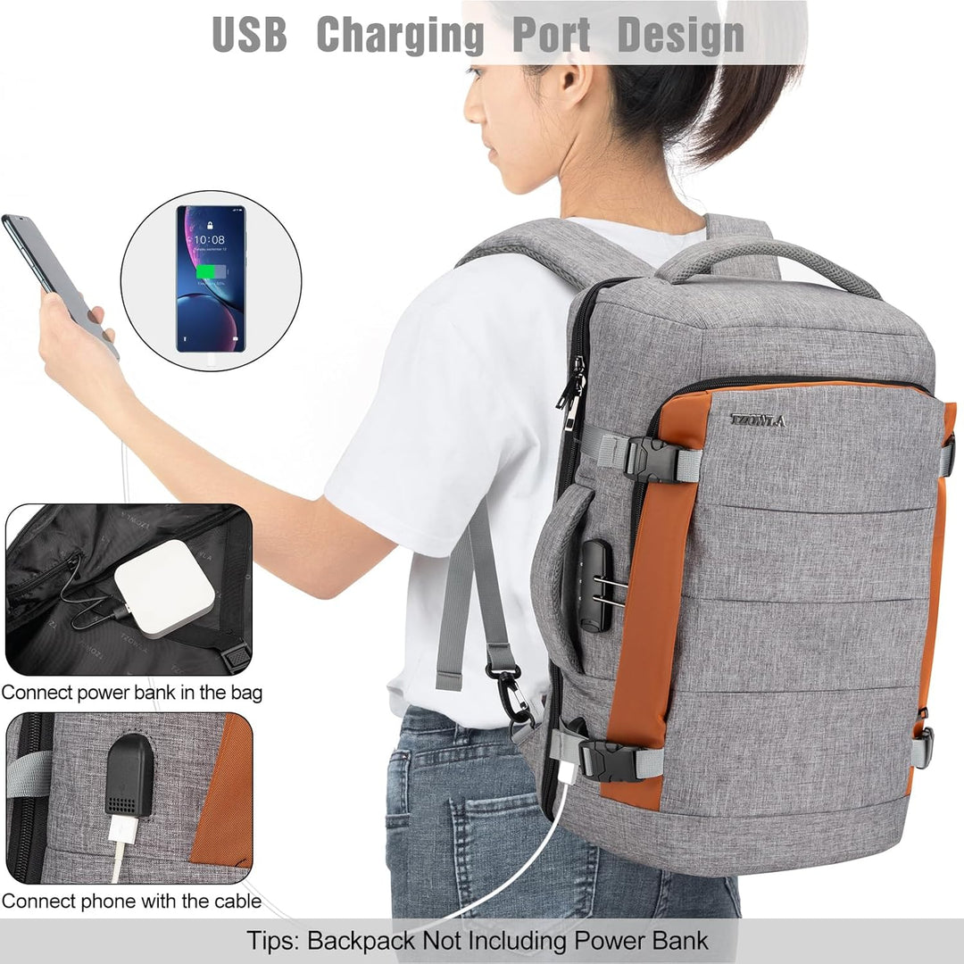 Unisex 40L water-resistant travel laptop backpack, anti-theft, USB charging, perfect for weekend trips.