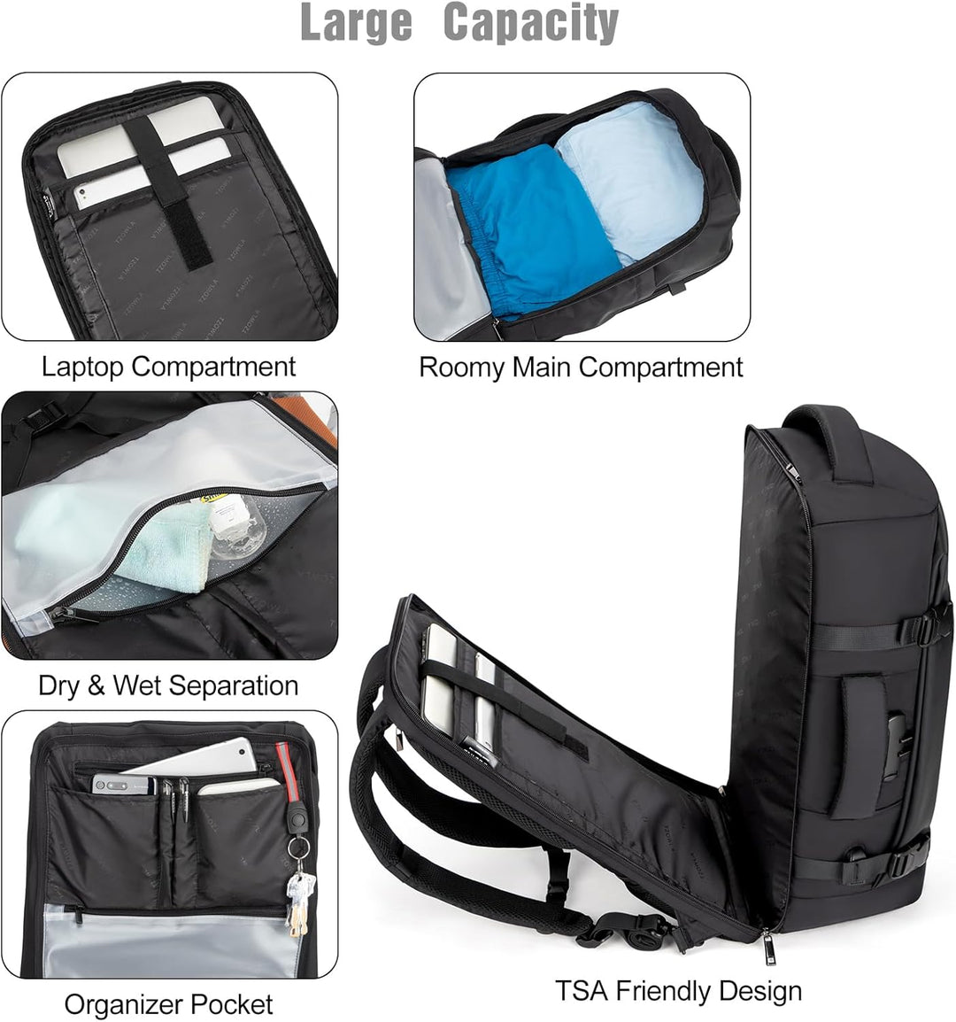 Smart 40L water-resistant travel backpack with USB port, anti-theft features & large capacity for all essentials.
