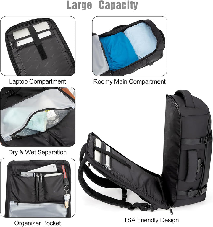 Smart 40L water-resistant travel backpack with USB port, anti-theft features & large capacity for all essentials.