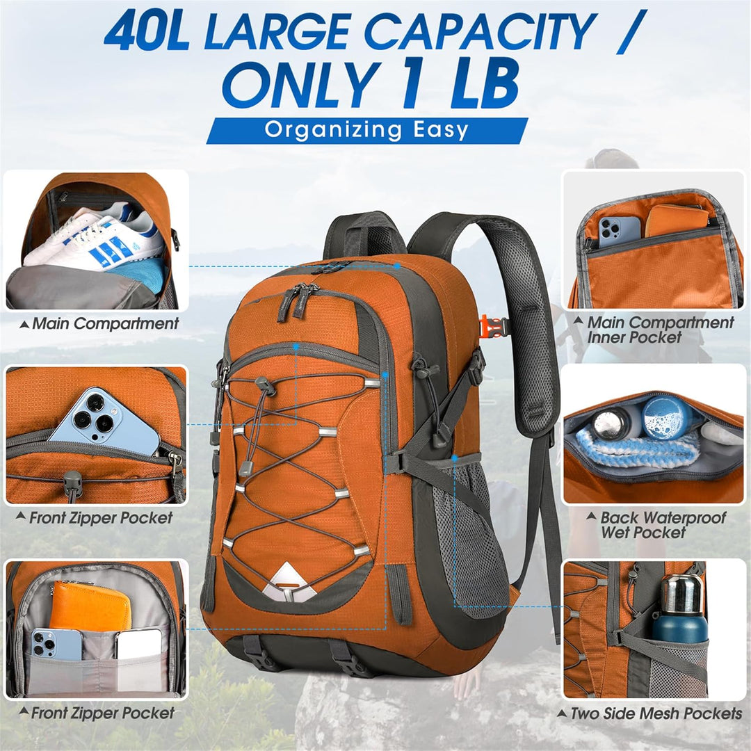 High-capacity 40L waterproof hiking backpack, suitable for men & women on trails.