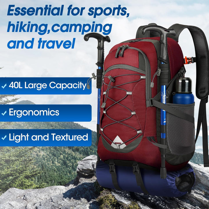 Unisex 40L lightweight hiking backpack, packable design for easy storage & travel.