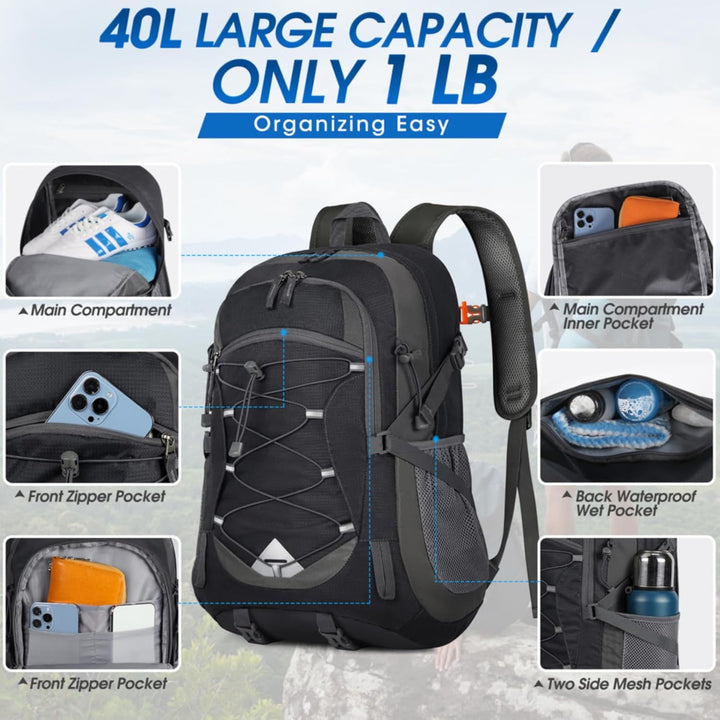 Lightweight 40L outdoor gear, perfect waterproof travel pack for adventure.