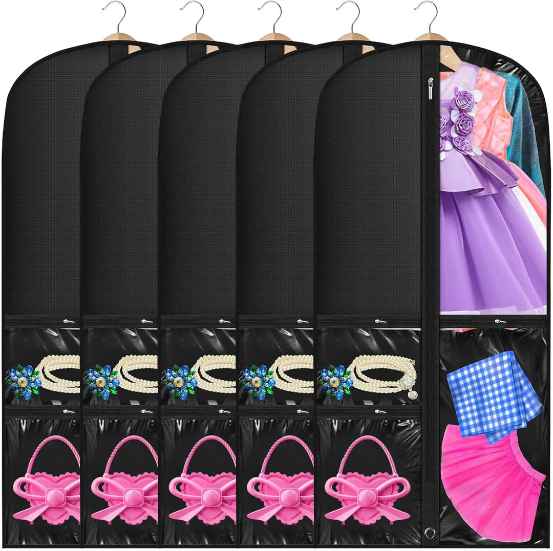 Unisex 5-pack clear PEVA garment bags for costumes, dancewear, & travel clothes storage & protection.
