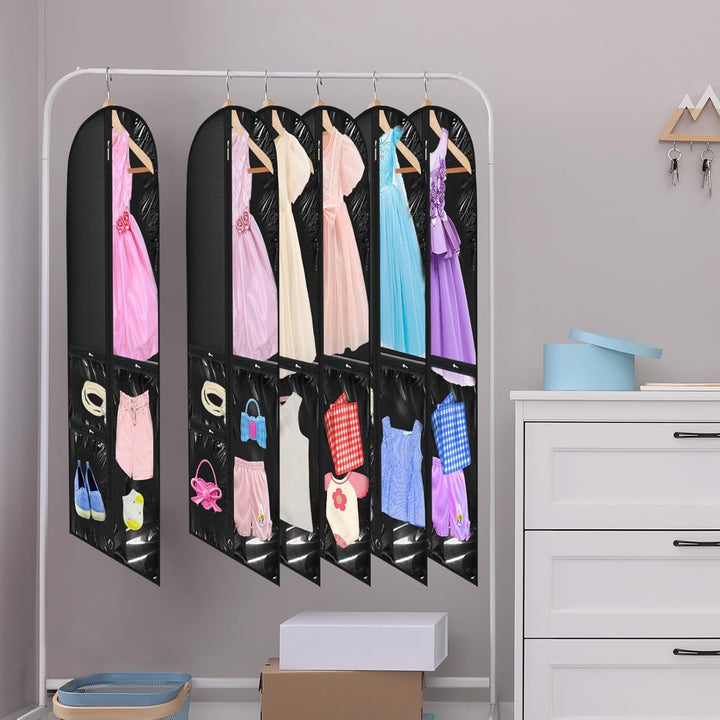 5-pack clear garment bags for costumes, dance outfits, & formal wear. Protects clothing during travel & storage.