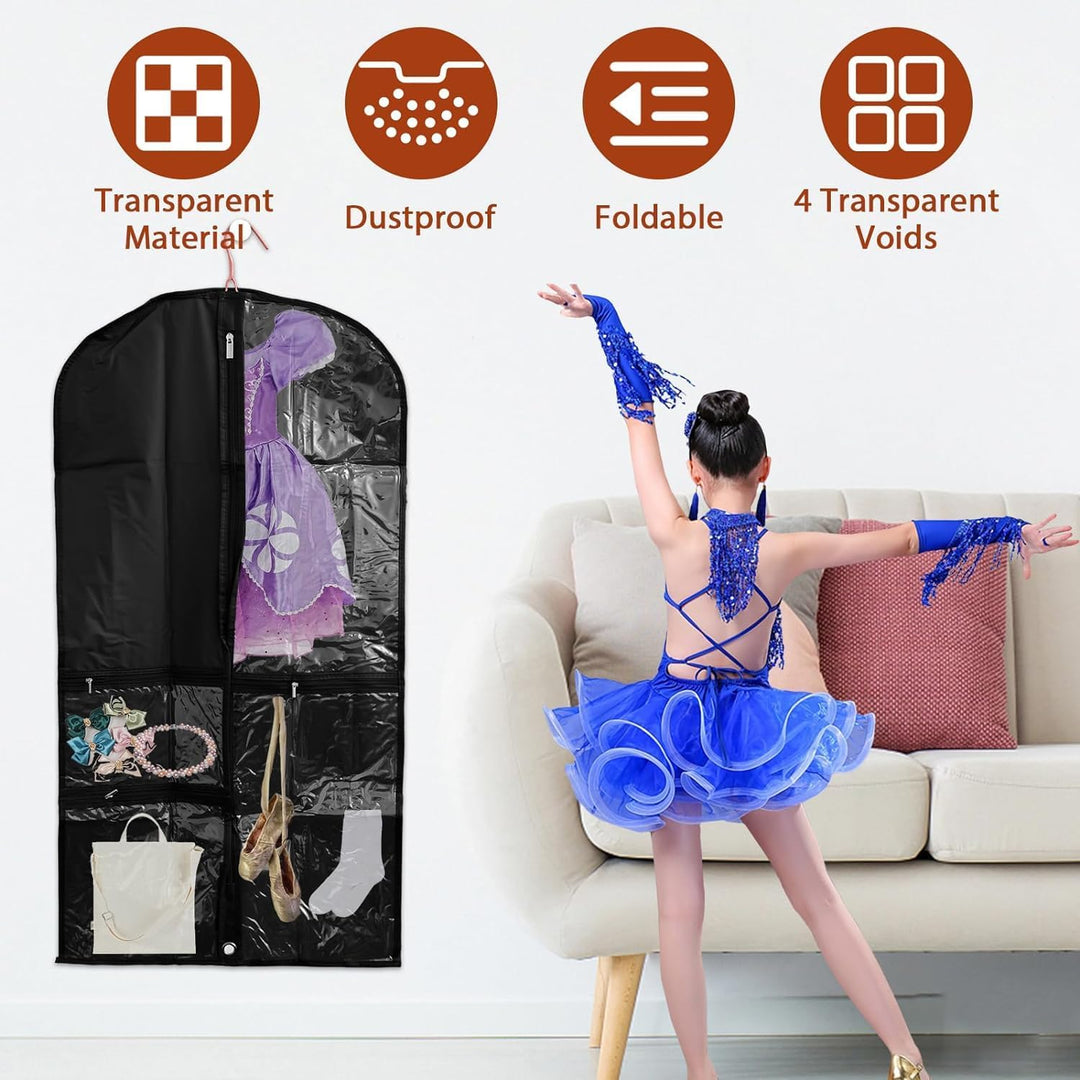 Clear PEVA 5-pack garment bags for easy costume & travel outfit identification. Protects clothes from dust.