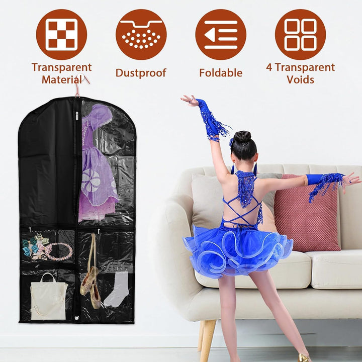 Clear PEVA 5-pack garment bags for easy costume & travel outfit identification. Protects clothes from dust.