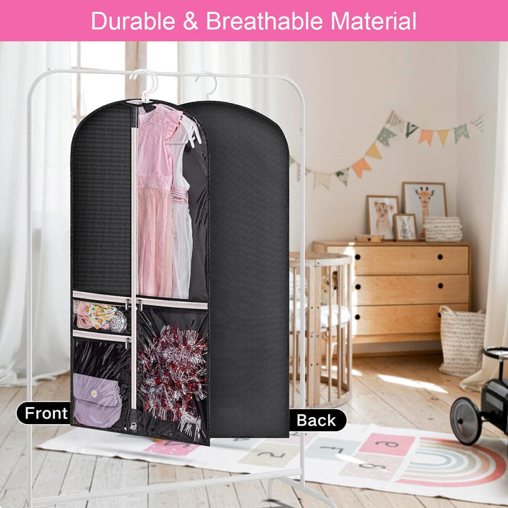 Versatile 5-pack garment bags for costumes, suits, & dresses. Clear design offers outfit protection & easy access.