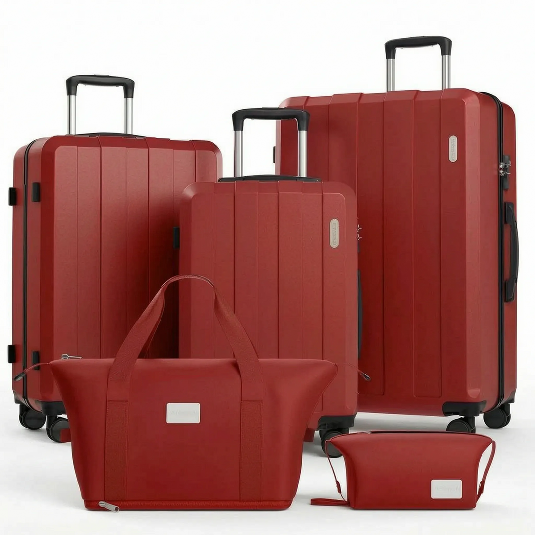 Robust 5-piece hardshell travel bags with silent spinner wheels, ensuring smooth & secure vacation travel.