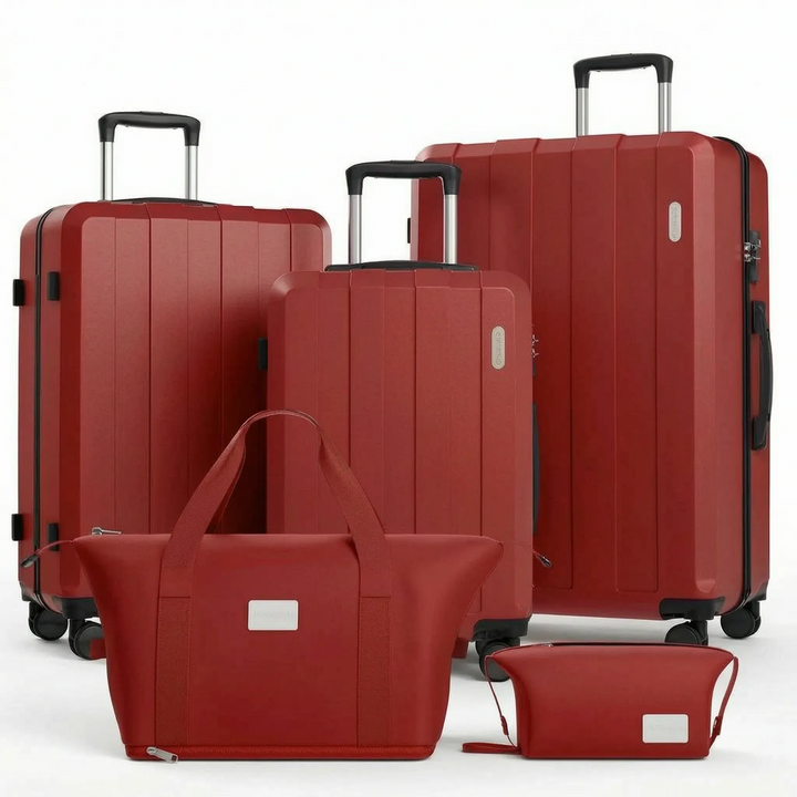 Robust 5-piece hardshell travel bags with silent spinner wheels, ensuring smooth & secure vacation travel.