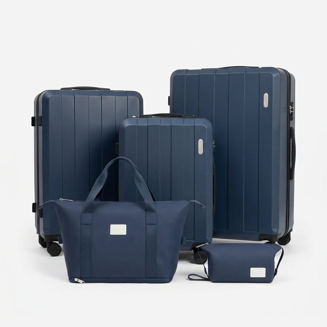 Durable hardshell 5-piece suitcase travel set with smooth spinner wheels, perfect for any journey.