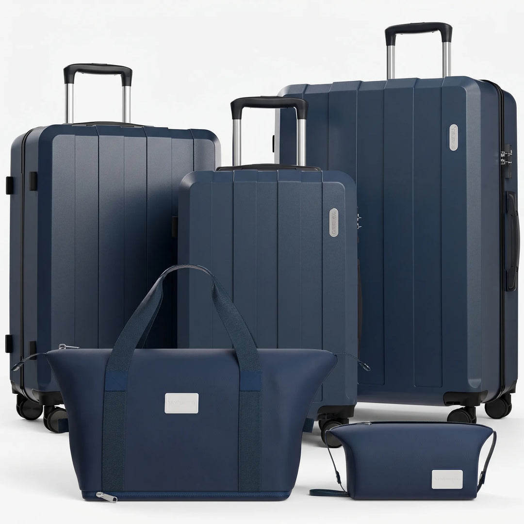 Expandable 5-piece hardshell luggage set, unisex design with robust spinner wheels for all your travel needs.