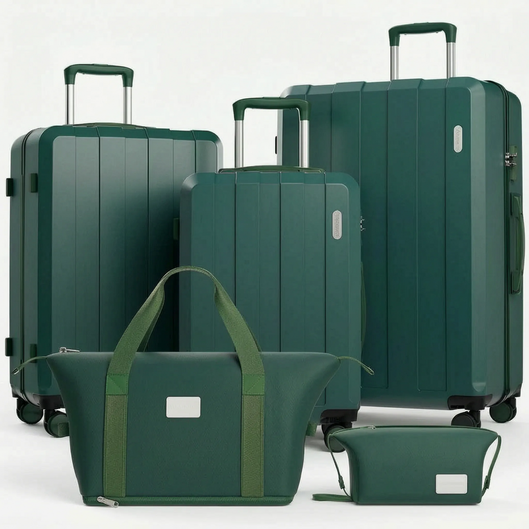 Stylish 5-piece hardshell luggage set with 360° spinner wheels, ideal for vacation & business travel.