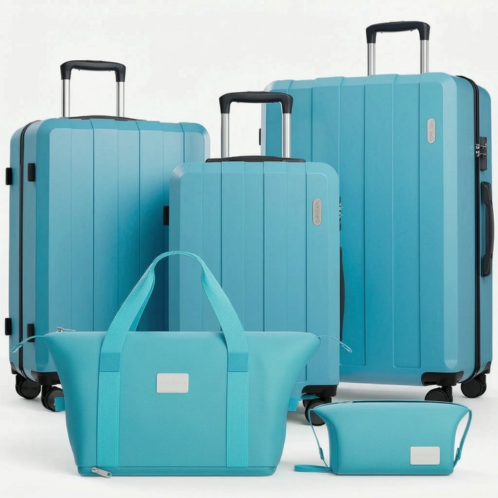 Modern 5-piece hardshell travel set for men & women. Equipped with spinner wheels for convenient journeys.