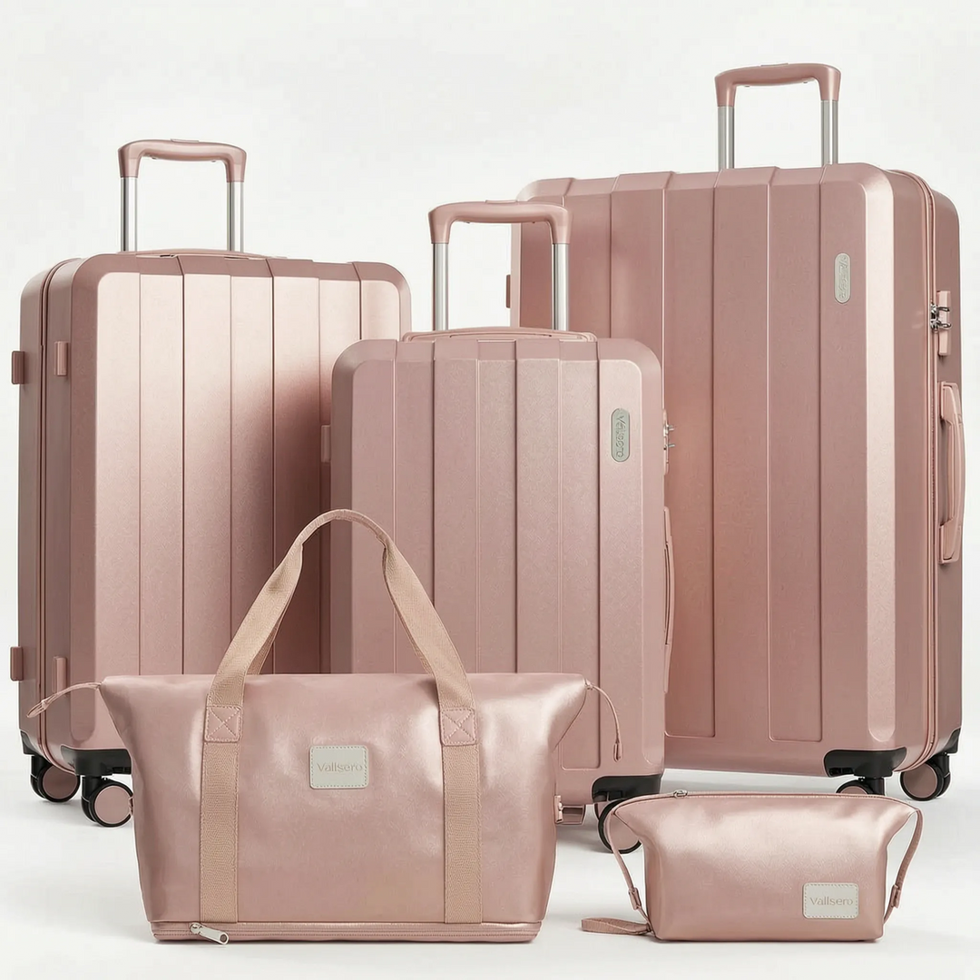 Compact & large hardshell luggage set (5 pieces) with spinner wheels, suitable for all trip lengths.