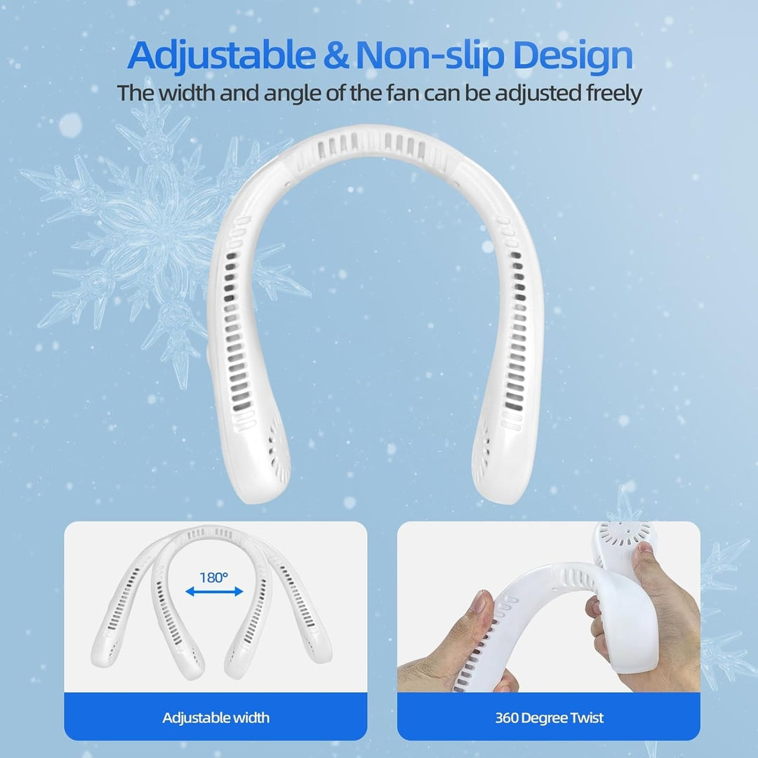 Unisex 5-speed bladeless neck cooling fan in headphone style, offering portable, hands-free, 360-degree airflow comfort.