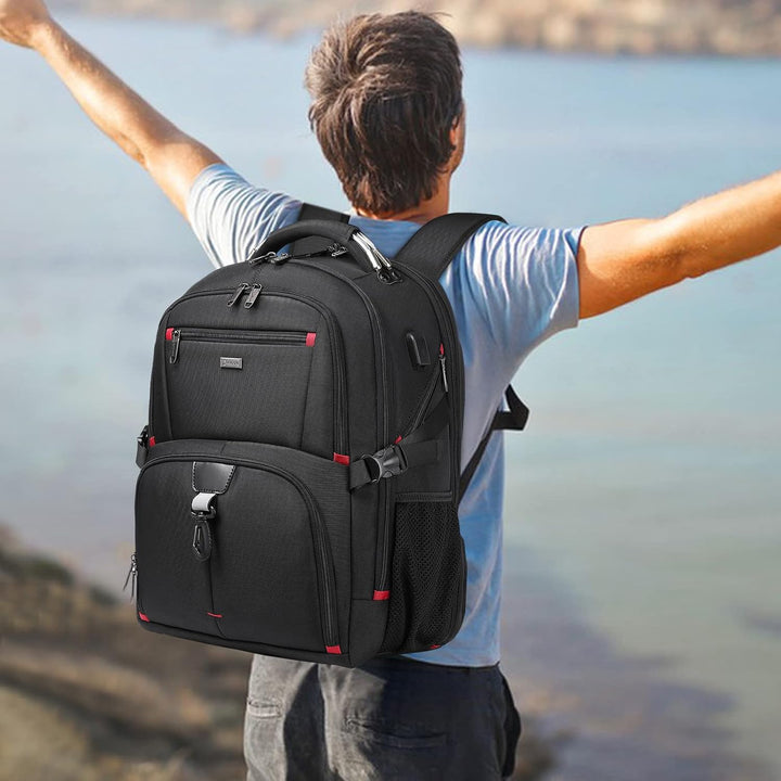Unisex 50L water-resistant travel laptop backpack with USB charging port, ideal for carry-on & outdoor adventures.