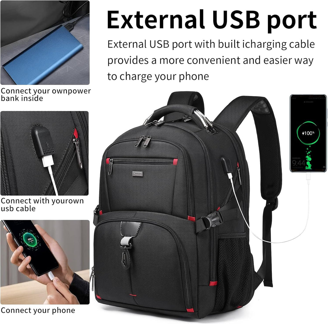 Spacious 50L water-resistant travel laptop backpack, unisex design, featuring an integrated USB charging port.